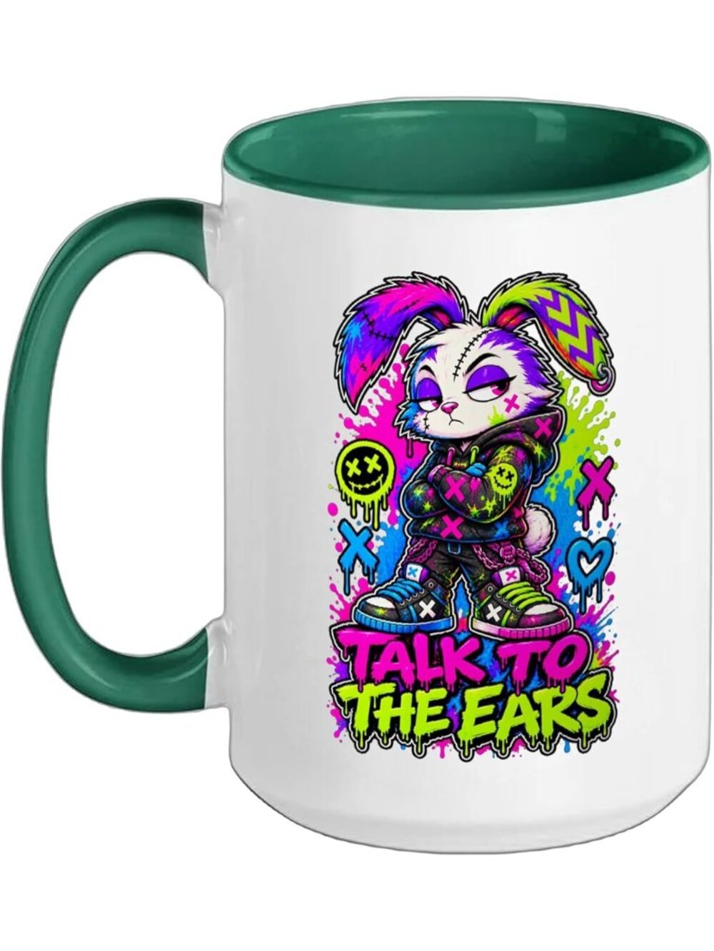Talk To The Ears Punk Rabbit Ceramic Mug, Dark Green/White, 15oz